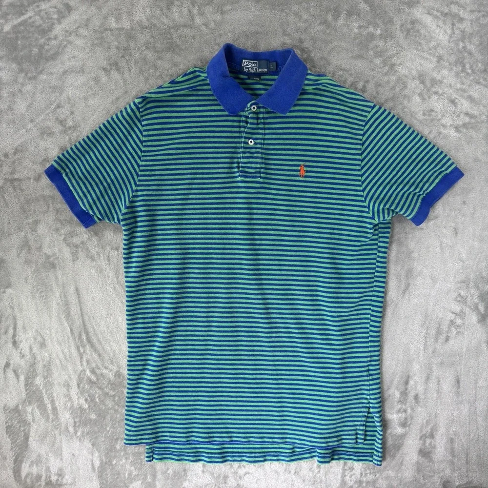 VTG Polo Ralph Lauren Polo Shirt Mens Large Blue Green Stripe Pique Casual Logo
